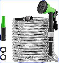 100Ft Stainless Steel Garden Hose Pipe, Heavy Duty Metal Water Hosepipe with wit