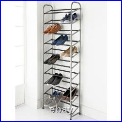 10 Tier Tall Shoe Storage Rack- Stainless Steel Metal Frame HOLDS 30 PAIRS