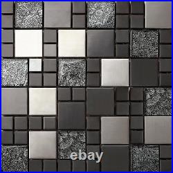 1 SQ M Glass Mosaic Tiles Stainless Steel & Black Glass (300x300mm) GTR10002 m2