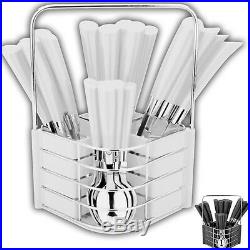 24pc Cutlery Dinner Set Drainer Stand Forks Teaspoons Tea Spoons Metal New Rack
