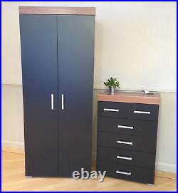 2 Door Wardrobe & 4+2 Chest of Drawers in Black & Walnut Bedroom Furniture 6 Set