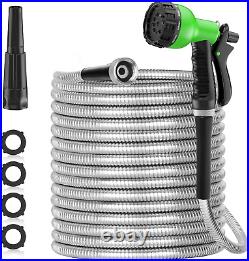 304 Stainless Steel Garden Hose Metal Heavy Duty Water Hoses with 2 Nozzles for