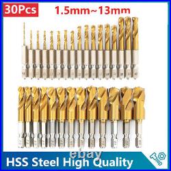 30Pcs HSS Steel Drill Bit Set 1.5-13mm For Metal Wood Stainless 1/4 Hex Shank