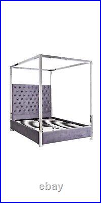4 poster king size bed frame Stainless Steel And Grey Plush Velvet