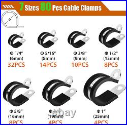 80 Pcs Cable Clamps Assortment Kit, 7 Sizes 304 Stainless Steel Metal Cable Clam