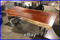 87 L Dining table makha wood smooth top slab stainless steel base polished