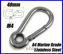 A4 Marine Grade Stainless Steel Carabiner Spring Hook Clip With Eyelet M4 x 40mm