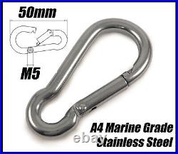 A4 Marine Grade Stainless Steel Carabiner Spring Hook Snap Rope Clips M5 x 50mm