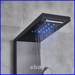 Black LED Shower Panel Column Tower Stainless Steel Massage Jets Waterfall Rain