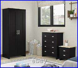 COUNTRY SUPREME 2 Door Wardrobe 3 Piece Set With Chest & Bedside Black on Oak