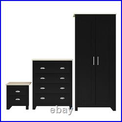 COUNTRY SUPREME 2 Door Wardrobe 3 Piece Set With Chest & Bedside Black on Oak