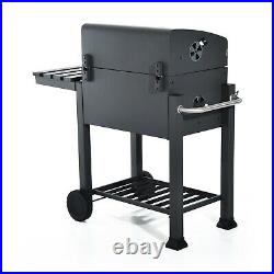Charcoal Grill BBQ Trolley Wheels Garden Smoker Shelf Side Steel Black