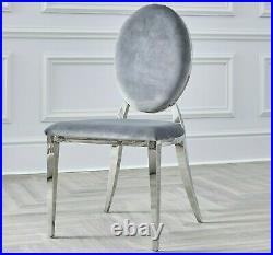 Dining Chair Grey Velvet Chrome Trim Round Back Seat Padded Upholstered Fabric