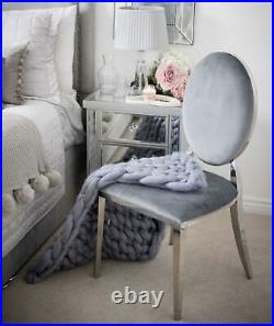 Dining Chair Grey Velvet Chrome Trim Round Back Seat Padded Upholstered Fabric