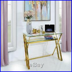 Gold Steel Clear Tempered Glass Home Office Desk Laptop Table Lower Shelf
