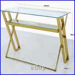 Gold Steel Clear Tempered Glass Home Office Desk Laptop Table Lower Shelf