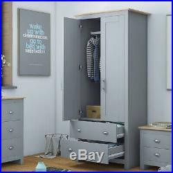 Grey Wardrobe 2 Door 2 Drawer Traditional Design. Light Oak Top. Soft Close Hinges