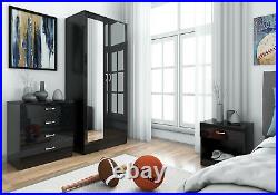 Harmin Mirrored Black High Gloss Bedroom Furniture Wardrobe, Chest & Bedside