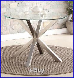 Kitchen Dining Table Round Clear Glass Top (110cm) Brushed Stainless Steel Legs