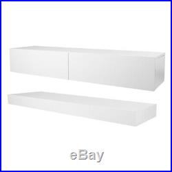 LED TV Unit Cabinet Stand High Gloss Wall Floating Shelf with 2 Drawers White