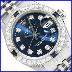 Ladies Rolex Diamond Sapphire Datejust 18k White Gold & Steel Blue Dial Watch
