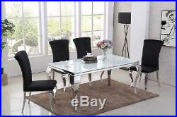 Louis 160 cm White Glass Steel Mirrored Chrome Dining Table Black Grey Chairs