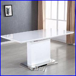 Modern Extendable Dining Table High Gloss White MDF with Stainless Pedestal Base