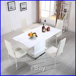 Modern Extendable Dining Table High Gloss White MDF with Stainless Pedestal Base