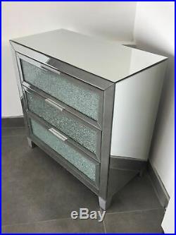 Modern Mirrored Crushed Crackle Glass 3 Drawer Chest of Drawers