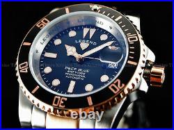 Rare New Legend Men's Deep Blue Diver Auto Sapphitek BLK Dial 18KRG IP SS Watch