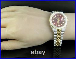 Rolex 18K/ Steel Two Tone Datejust 36MM 16013 Red Dial Diamond Watch 12.5 Ct
