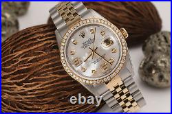 Rolex 36mm Datejust 18k Gold & SS Diamond Watch White Mother of Pearl Dial
