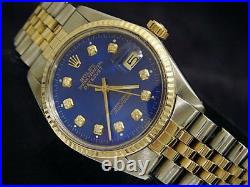 Rolex Datejust Mens 18k Gold & Steel Watch with Submariner Blue Diamond Dial 16013