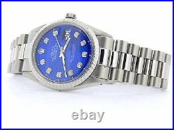 Rolex Datejust Mens Stainless Steel Watch Engine-Turned Bezel Blue Diamond Dial