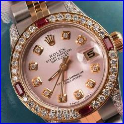 Rolex SS & 18k Gold 26mm Datejust Metallic Pink Dial Ruby Diamond 2 Tone Watch
