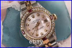 Rolex SS & 18k Gold 26mm Datejust Metallic Pink Dial Ruby Diamond 2 Tone Watch