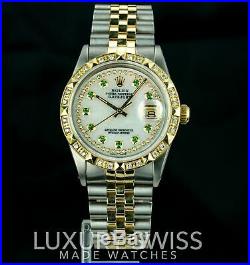 Rolex Watch Mens Datejust 16013 36mm MOP Diamond Emerald Dial Gold Pyramid Bezel