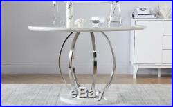 Savoy Round White Marble and Chrome Dining Table with 4 Leon White Chairs
