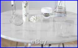 Savoy Round White Marble and Chrome Dining Table with 4 Leon White Chairs