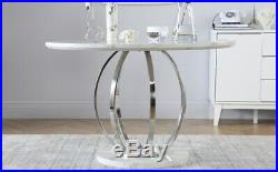 Savoy Round White Marble and Chrome Dining Table with 4 Renzo Taupe Chairs