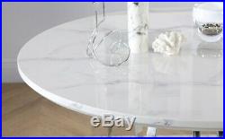 Savoy Round White Marble and Chrome Dining Table with 4 Renzo Taupe Chairs