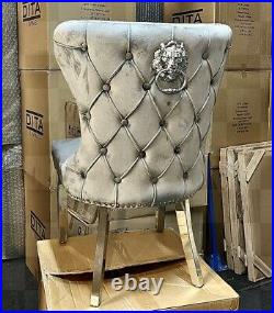 Set Of 4 Grey Velvet Button Pleated Lion Knocker Dining Chairs New Design