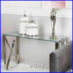 Silver Stainless Steel Console Table Clear Glass Hall Display Modern Cross Home