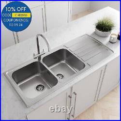 Sinkoro Inset Kitchen Sink 2 Double Square Bowl Stainless Steel Reversible Waste