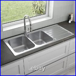 Sinkoro Inset Kitchen Sink 2 Double Square Bowl Stainless Steel Reversible Waste