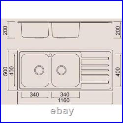 Sinkoro Inset Kitchen Sink 2 Double Square Bowl Stainless Steel Reversible Waste