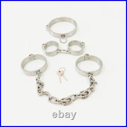 Stainless Steel Metal Neck Collar Handcuffs Ankle Cuffs Slave BDSM Bondage Set