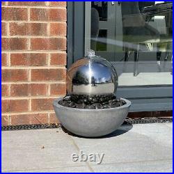 Stainless Steel Sphere in Bowl Patio Garden Water Feature with LED Lights