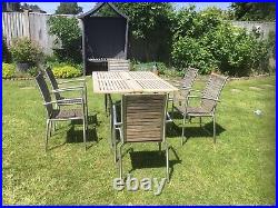 Stainless Steel & Teak Wood Garden Furniture Patio Set Table 6 Chairs