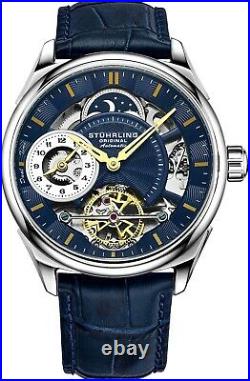 Stuhrling Men's Blue Skeleton Dual Time Silver Case AM PM Blue Leather Watch